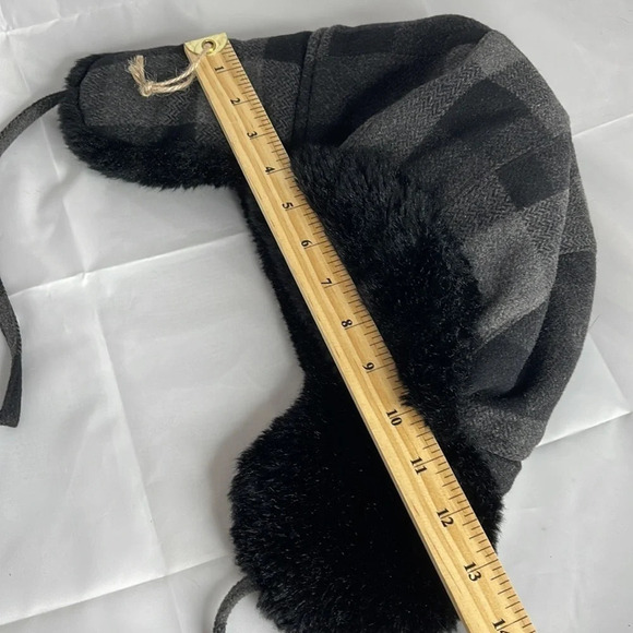 GANKA GKSII Black Grey Plaid Wool Faux Fur Heatlocker Trapper Hat Granola - Picture 8 of 9
